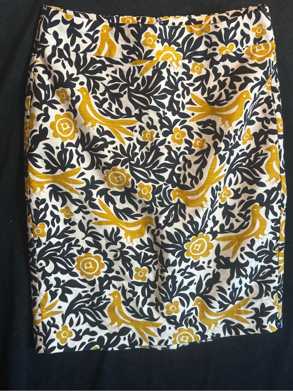 Ann Taylor White Pencil Skirt with Black & Mustard Floral Bird Print